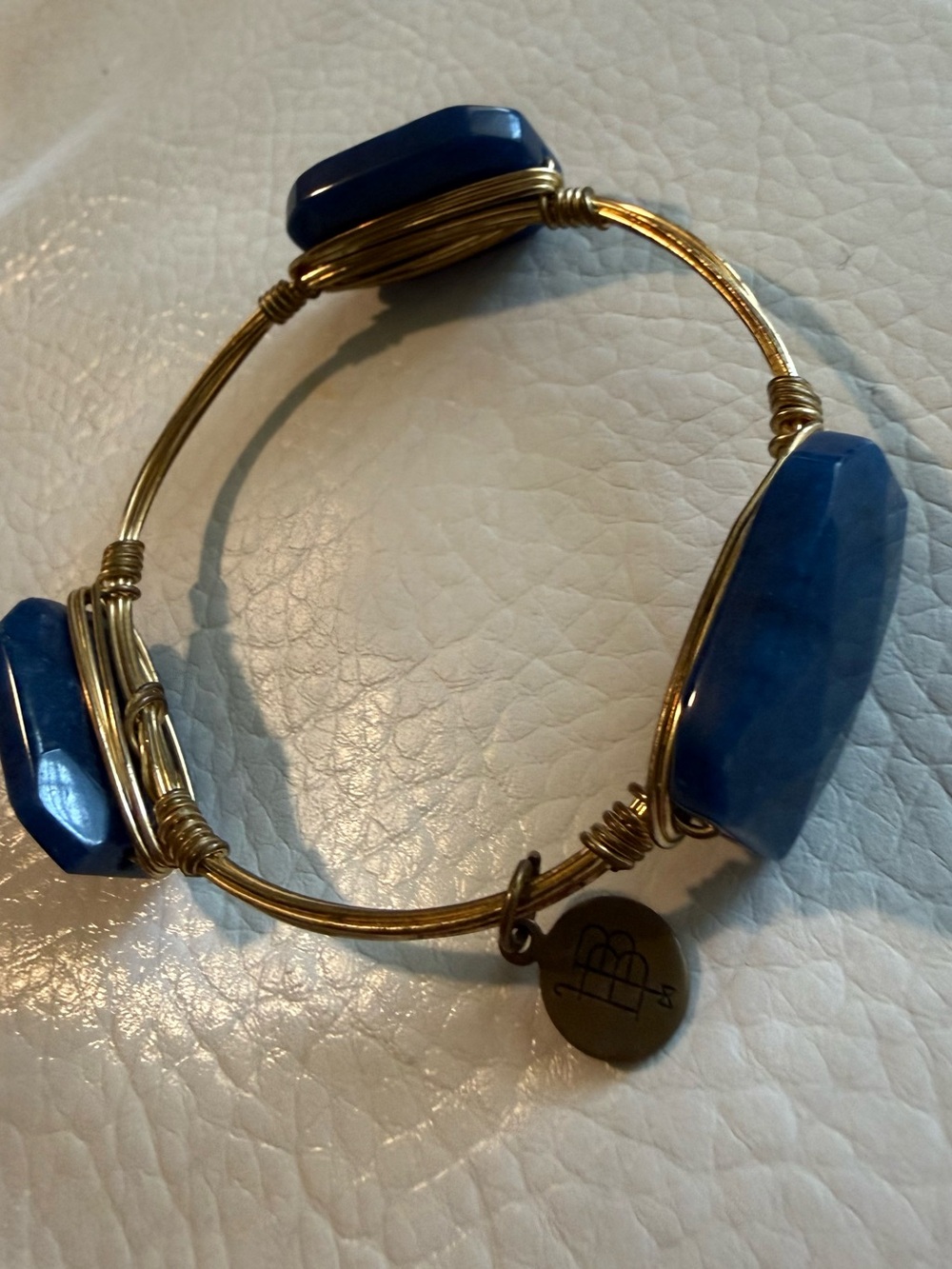 Bourbon & Boweties Gold Wire Wrapped Bangle Bracelet Blue Faceted Stones